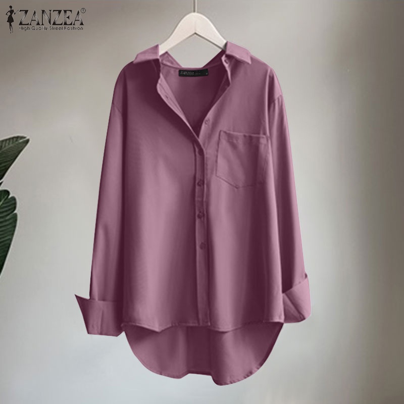 Áo Sơ Mi Dài Tay Màu Trơn Có Túi Thời Trang Nữ ZANZEA