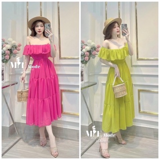 Đầm maxi đi biển trễ vai xếp tầng dáng dài hàng bán shop