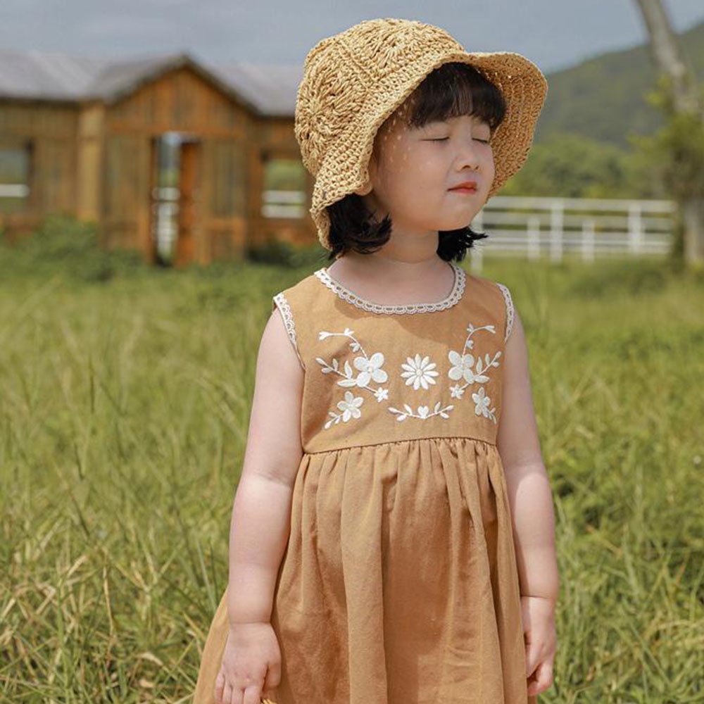 Đầm sát nách BEAR LEADER AX2288 vải cotton thêu hình gấu phong cách mùa hè thời trang cho bé gái