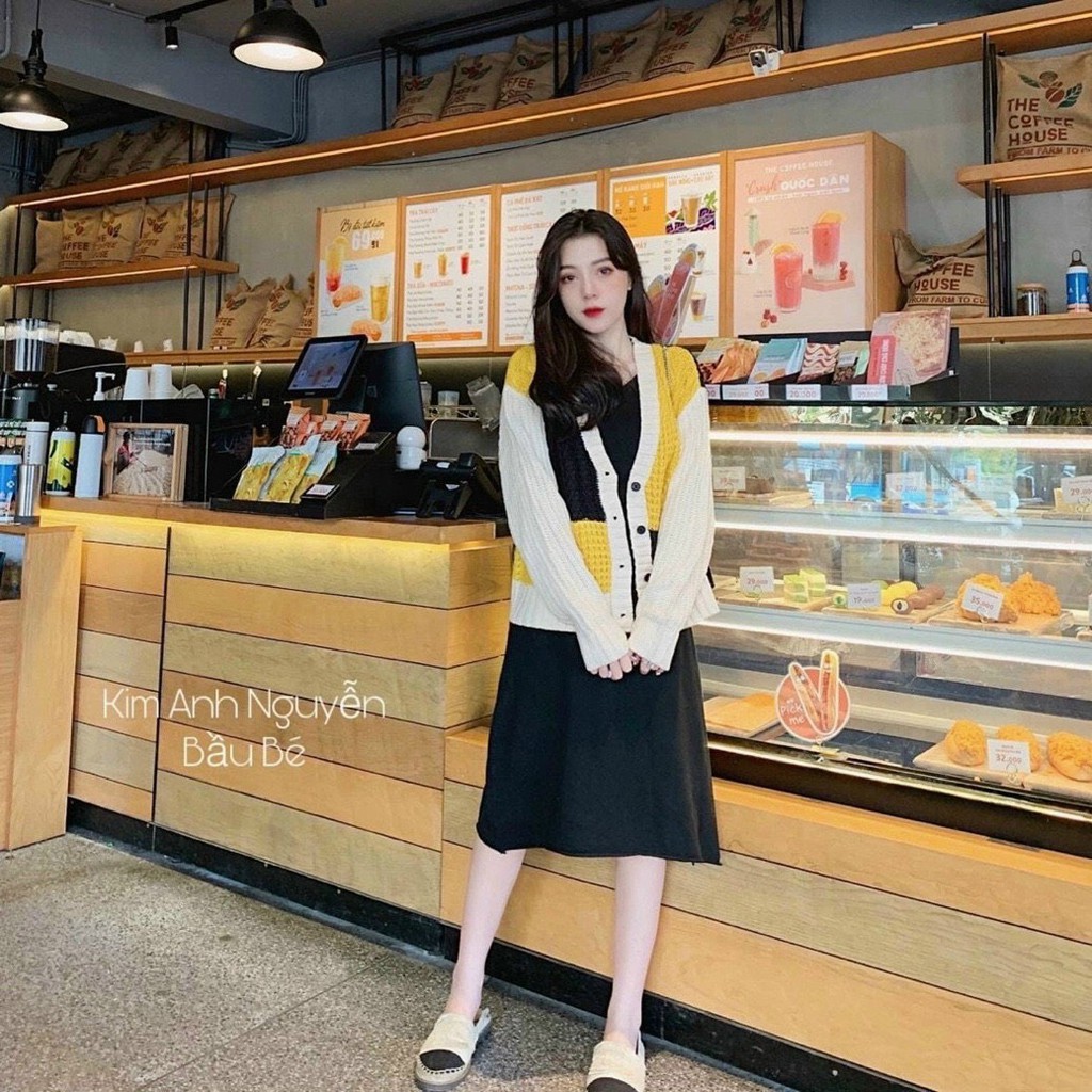 Áo cadigan pha ô vuông