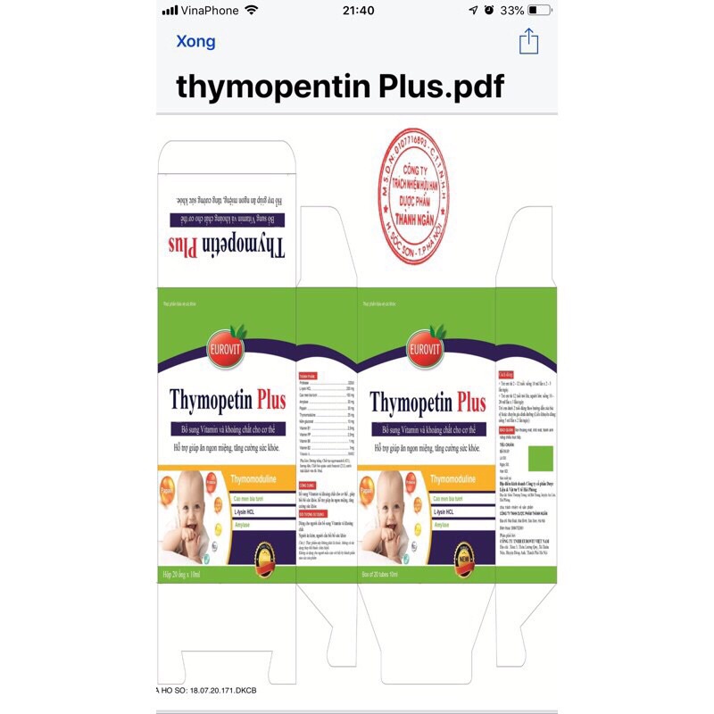 Thymopetin Bổ Sung Vitamin Và Khoáng Chất Cho Bé Giúp Ăn Ngon Miệng Hộp 20 Ống - TP078