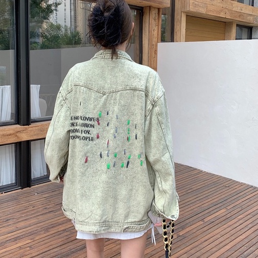 Áo khoác denim ZHELIHANGFEI dáng rộng họa tiết thêu phong cách cổ điển thời trang