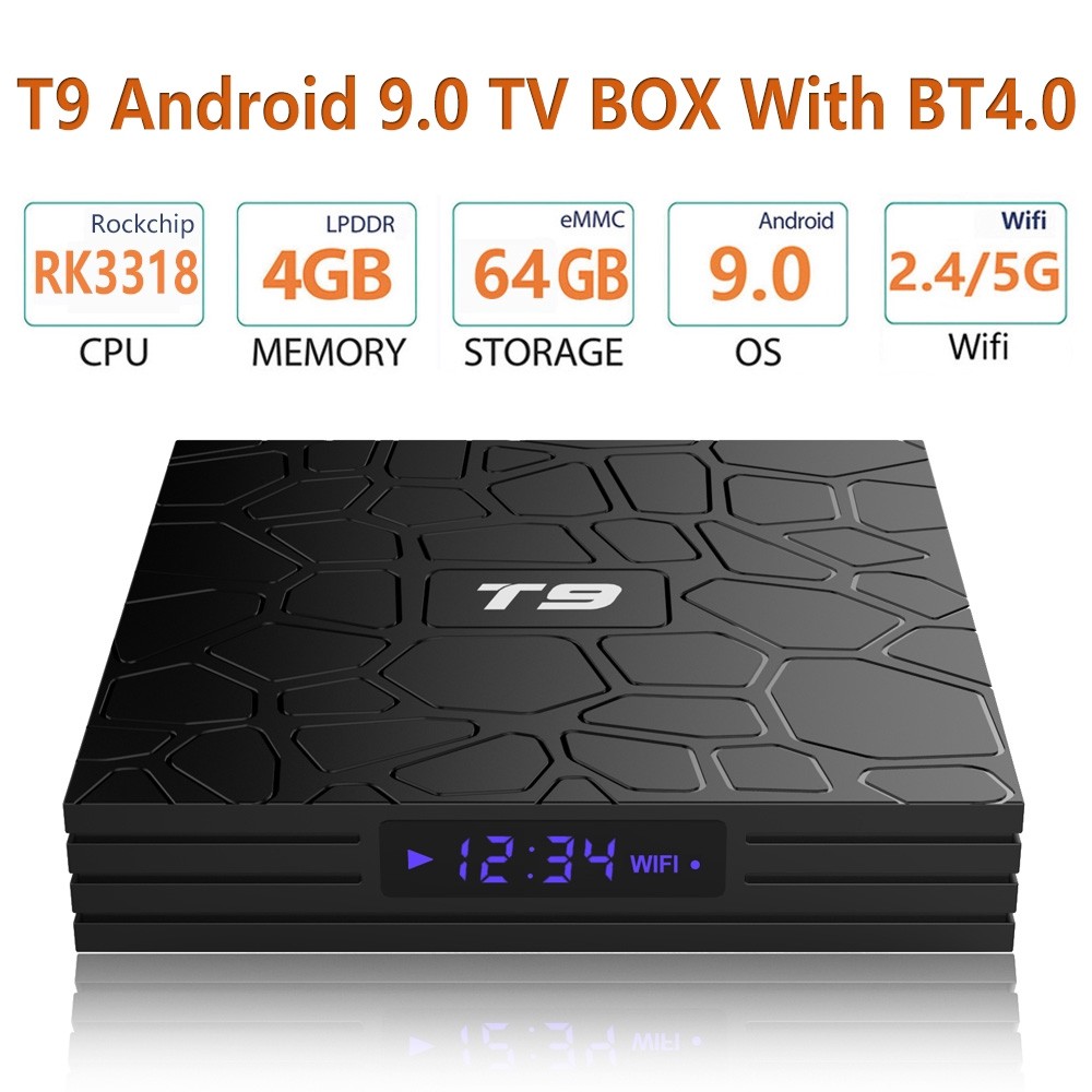 Android TV Box T9 Ram 4GB Rom 32GB RK3318 Android 9.0 64bit Cortex-A53, up to 2.0GHZ