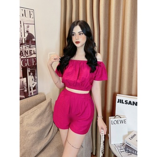  SET THÔ ĐŨI ÁO CROPTOP TAY NGẮN BẸT RỚT HẠ TRỄ VAI HỞ SEXY + QUẦN SHORT LƯNG THUN CAO ULZZANG XANH VÀNG HỒNG 