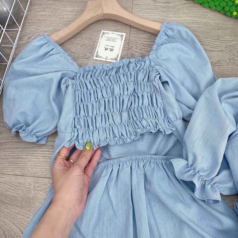 Váy đầm nữ  dáng maxi đũi xước xanh dương xẻ tà chun lưng đi biển freesize nhún ngực iêu dễ thương