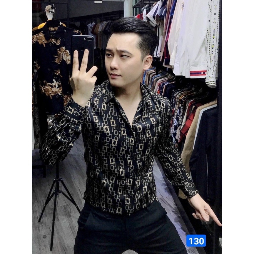Áo So Mi Nam Dài Tay Chất Lụa Phối Họa TIết HOA VĂN ĐỎ VÀNG- shopsile1