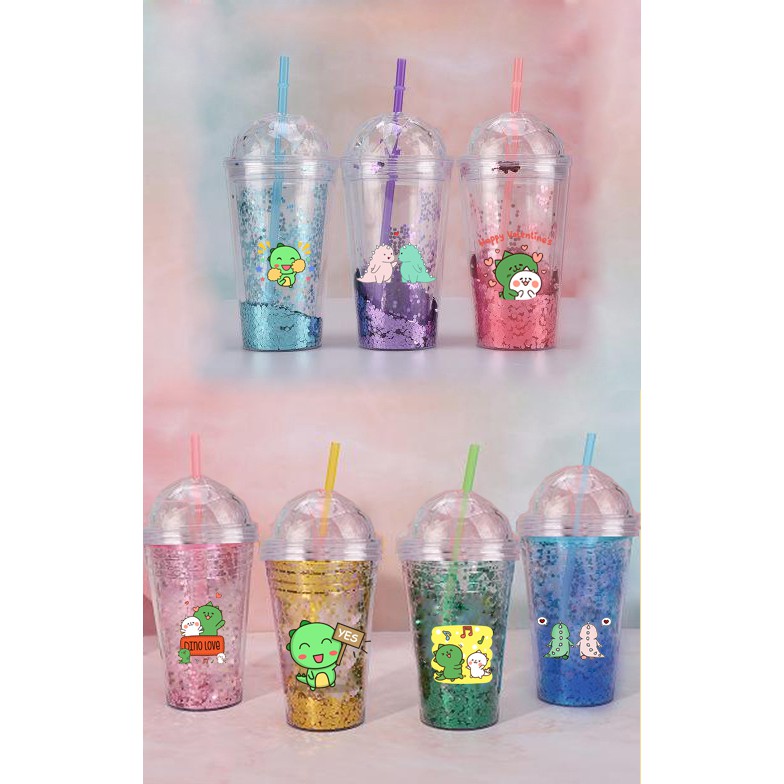 cốc 2 lớp kim tuyến khủng long CNKI17 cốc giữ nhiệt ly 2 lớp cốc làm lạnh dễ thương 500ml