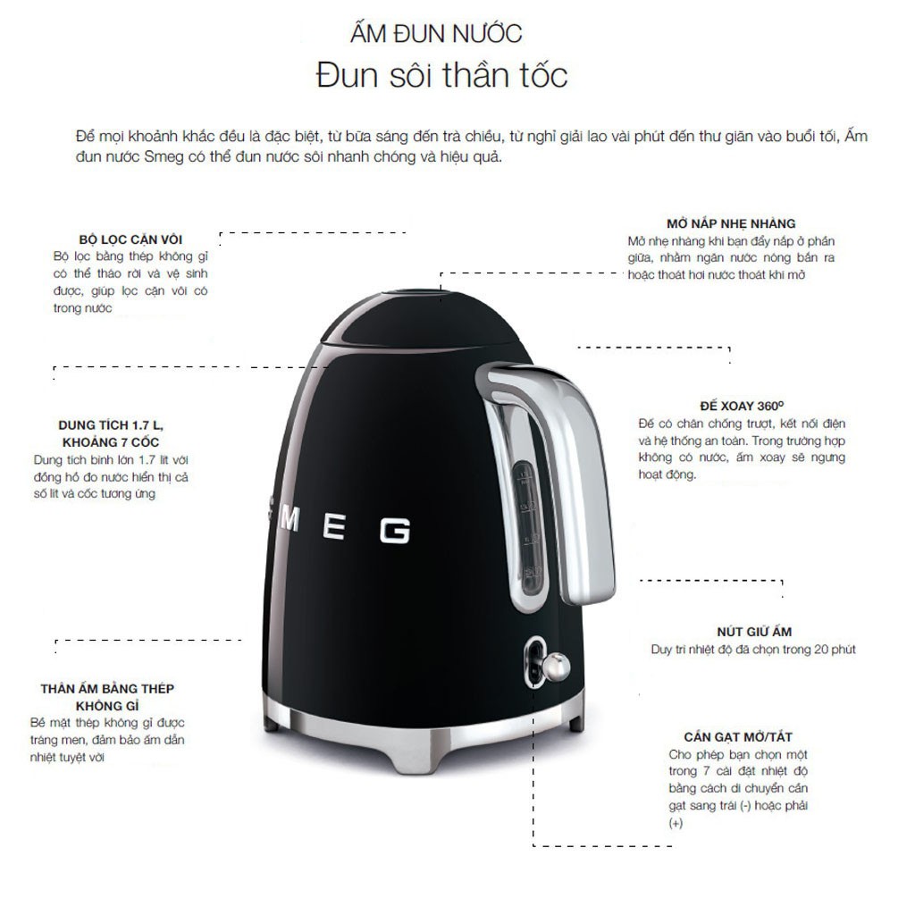 Ấm siêu tốc SMEG 1,7L các màu - Không chỉnh nhiệt [Hàng Đức]