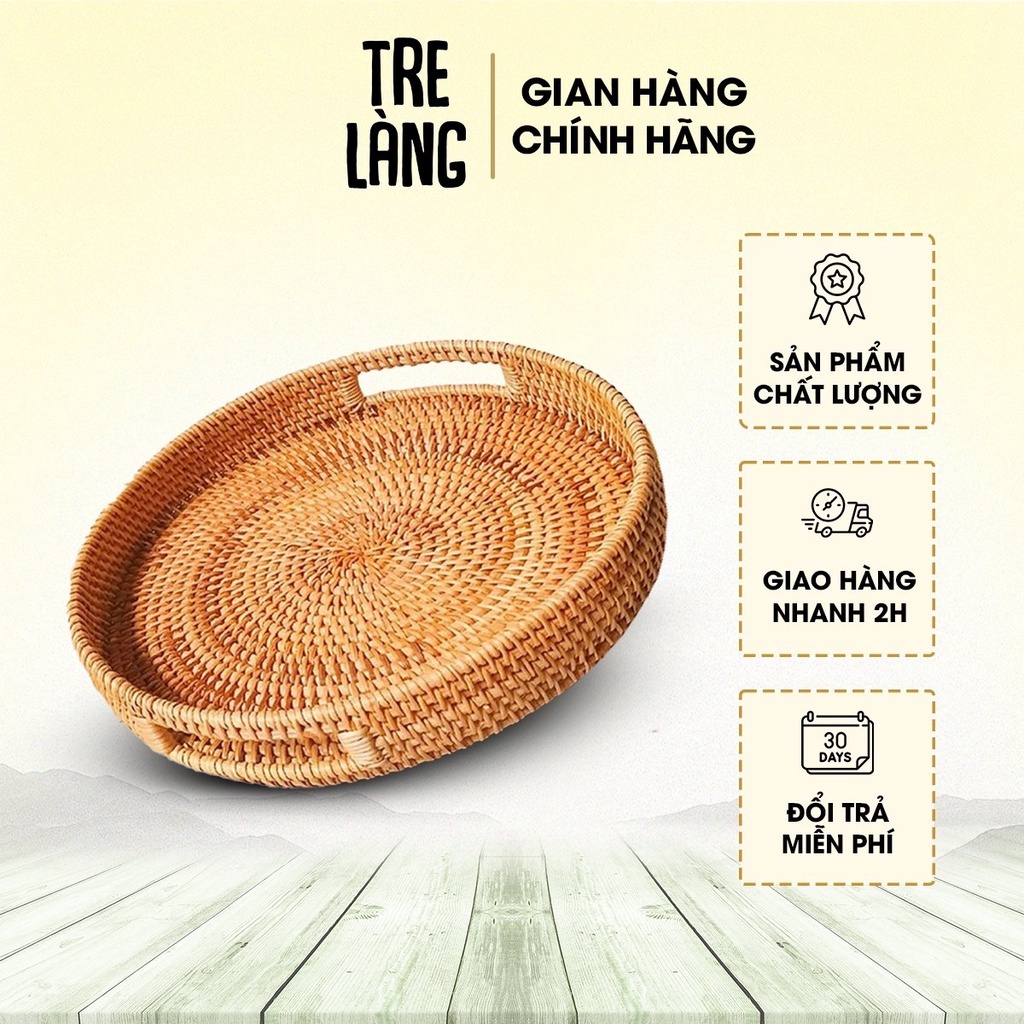 Khay đựng cốc chén Tre Làng chất liệu mây tre đan có tay cầm - kích thước 30cm/35cm