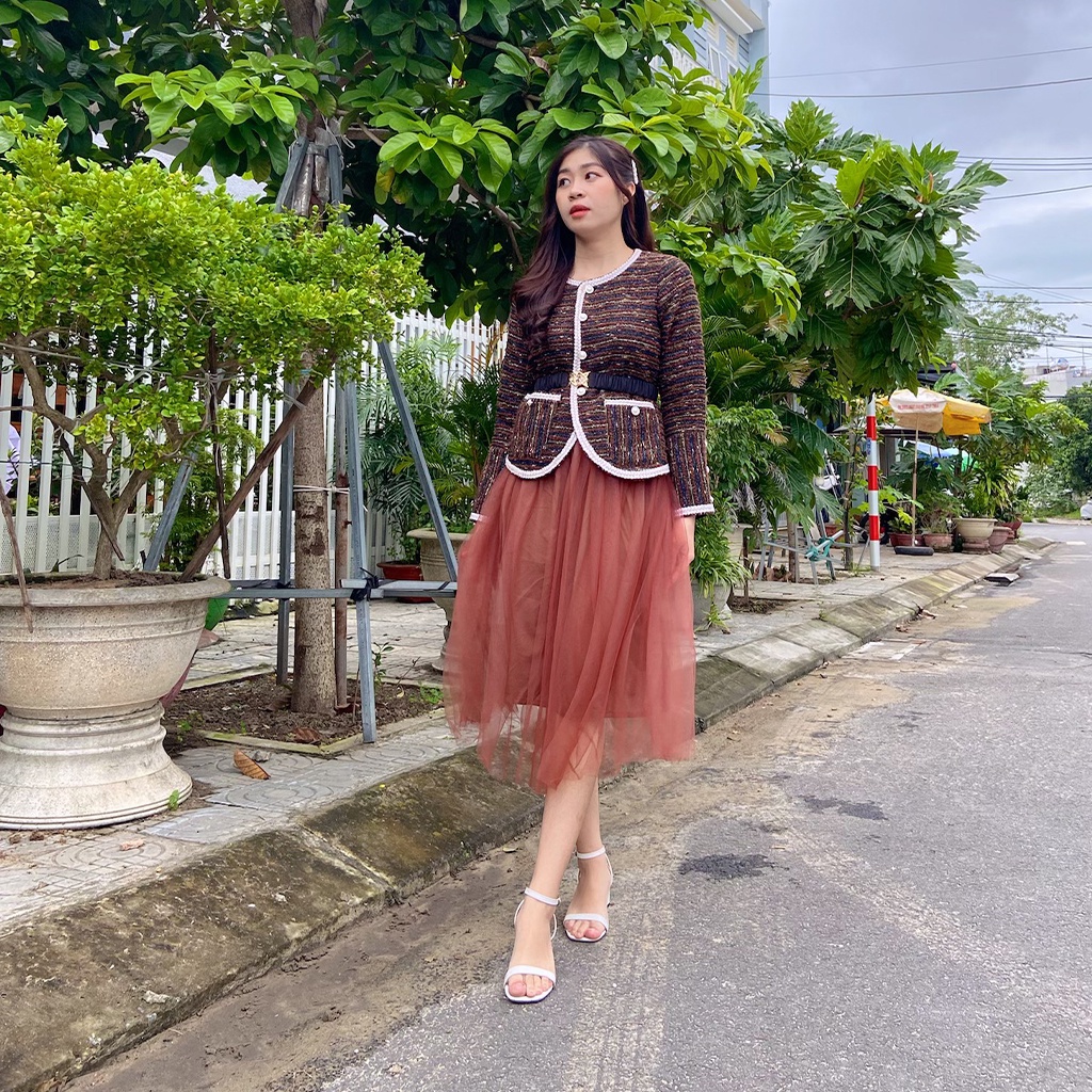 Áo Dạ Tweed Nữ Dáng Ngắn Tay Dài LEOSWEARING Áo Sơ Mi Công Sở Thu Đông Cổ Tròn Chất Dày Cài Nút Tôn Dáng D45