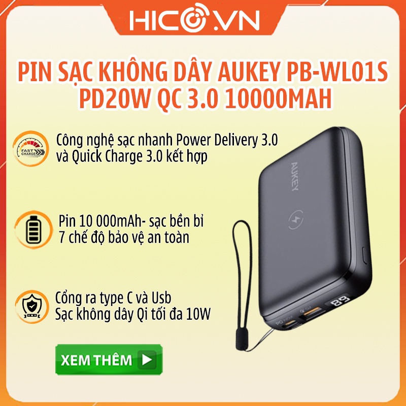 Pin Sạc dự phòng Không Dây AUKEY PB-WL01S 10000MAH PD20W QC3.0 Power Delivery 3.0 - Hàng Chính Hãng - Bảo Hành 12 Tháng