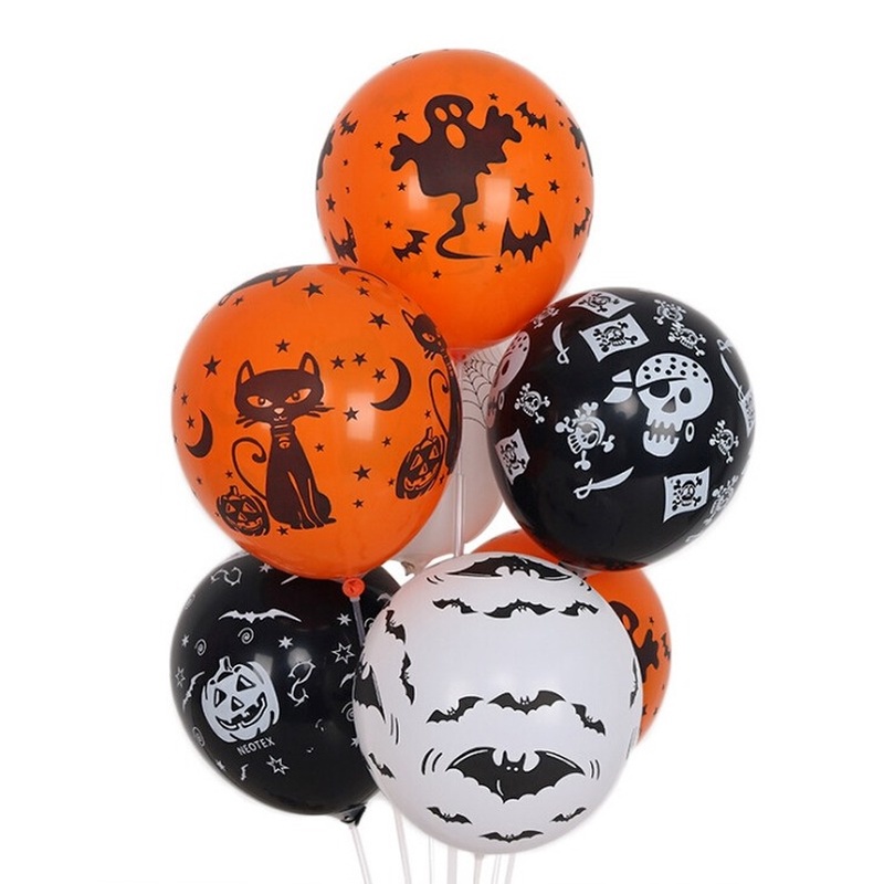 Set 10 Bong Bóng Đầu Lâu / Dơi Màu Đen / Cam / Trắng Trang Trí Tiệc Halloween