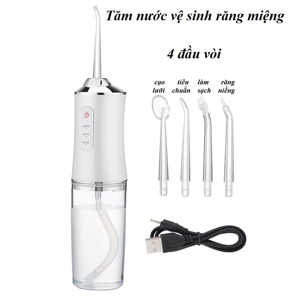 Tăm nước cầm tay sạc pin cao cấp,máy vệ sinh răng miệng an toàn kèm 4 đầu vòi 220ml