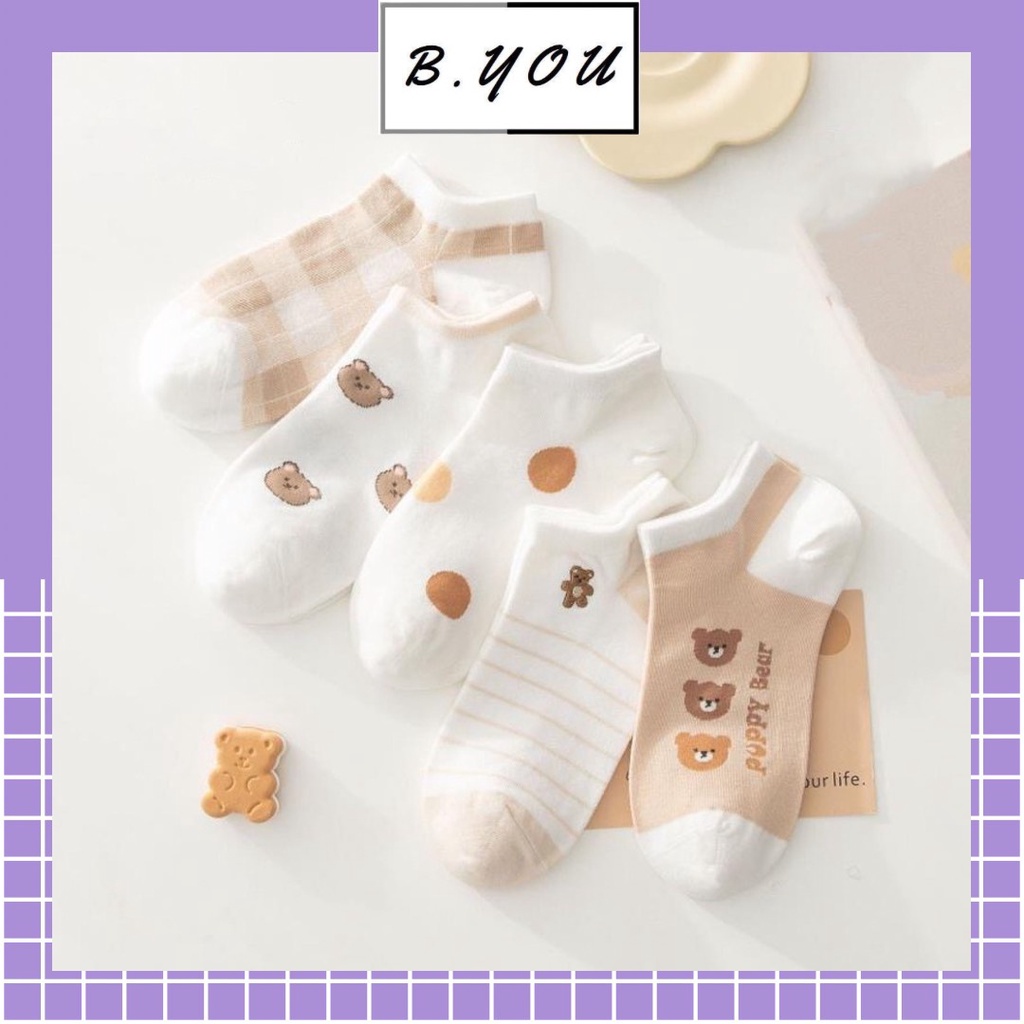 Tất nữ cổ ngắn họa tiết gấu puppy bear dễ thương, phong cách hàn quốc, chất liệu thoáng mát, thấm hút mồ hôi TT90