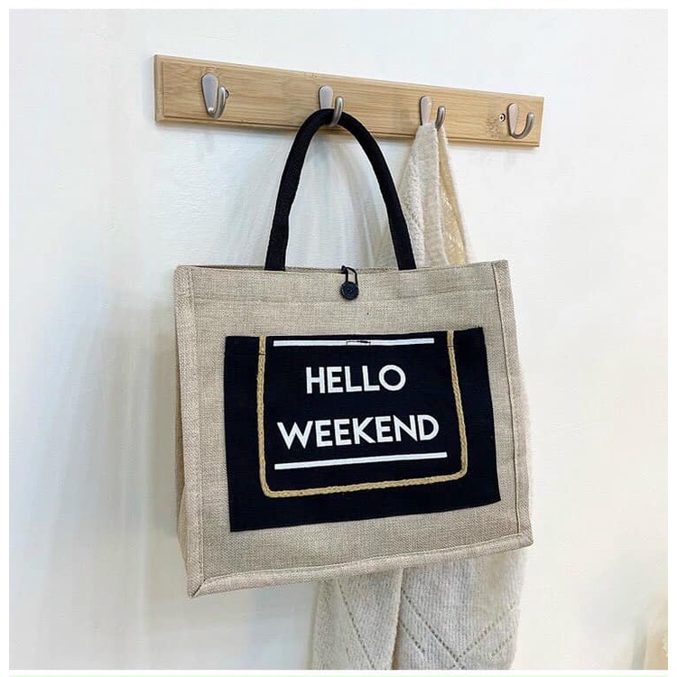 Túi cói du lịch hello weekend Phong cách Hàn Quốc