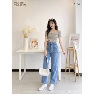 Quần jeans ống suông nữ LYRA, vải bò lưng cao cạp chéo cá tính-VSYQD0076