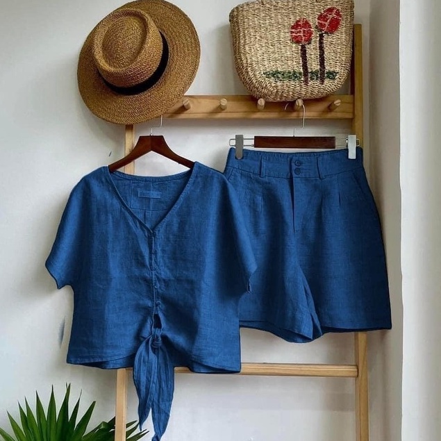 Sét đồ nữ mùa hè vải linen Hàn Bộ mặc nhà nữ áo dây cộc tay quần short style Hàn Quốc,Đi chơi,dạo phố,dự tiệc... S636