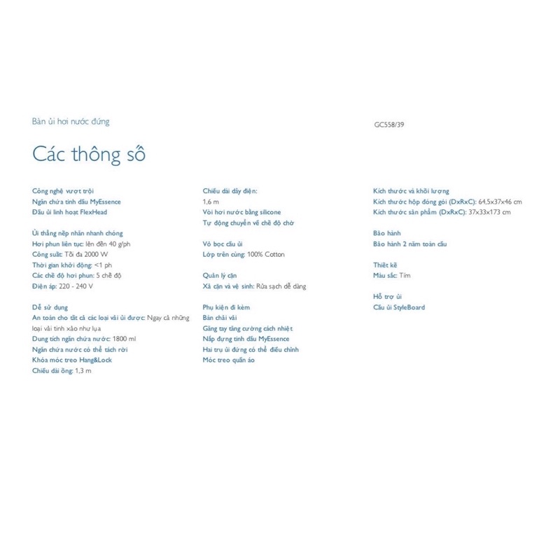 Bàn ủi hơi nước đứng Philips GC558 /39 - Hàng chính hãng - Bảo hành 24 tháng