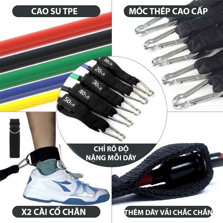 Bộ dây kháng lực ngũ sắc tập full body 11 phụ kiện, Dây đàn hồi tập Gym tại nhà Gym 34