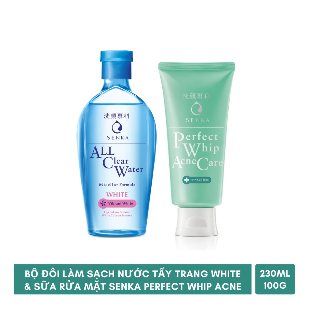 Bộ đôi làm sạch Nước tẩy trang White 230ml &amp; Sữa rửa mặt Senka Perfect Whip Acne 100g