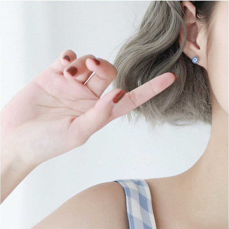 Khuyên tai đồng trắng nhỏ hình mắt quỷ đính đá phong cách Hàn Quốc