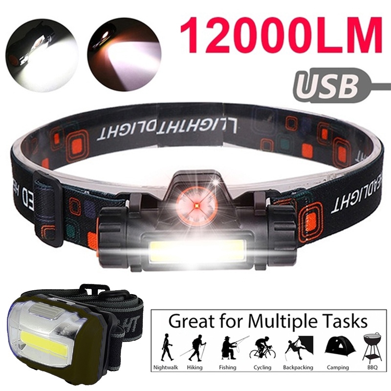 Đèn pha led đeo đầu mini XPE+COB nhỏ gọn chống nước sạc bằng cổng USB cho cắm trại/câu cá/hoạt động ngoài trời