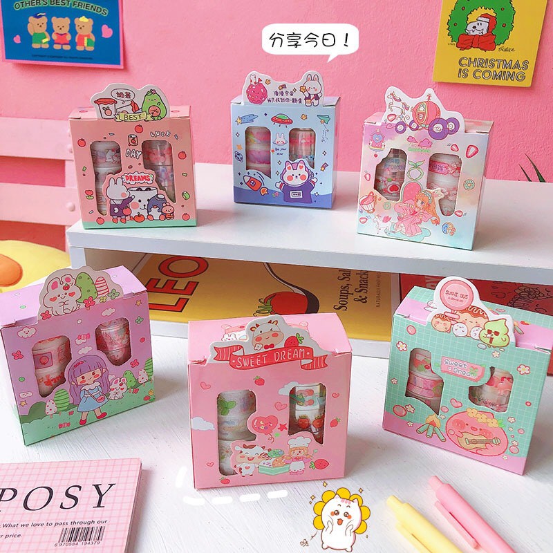 Hộp Washi Tape Cute Băng Dán Trang Trí Xinh Nhiều Họa Tiết Dễ Thương Loại 8 Cuộn Bóng Và Nhũ Kim Tuyến