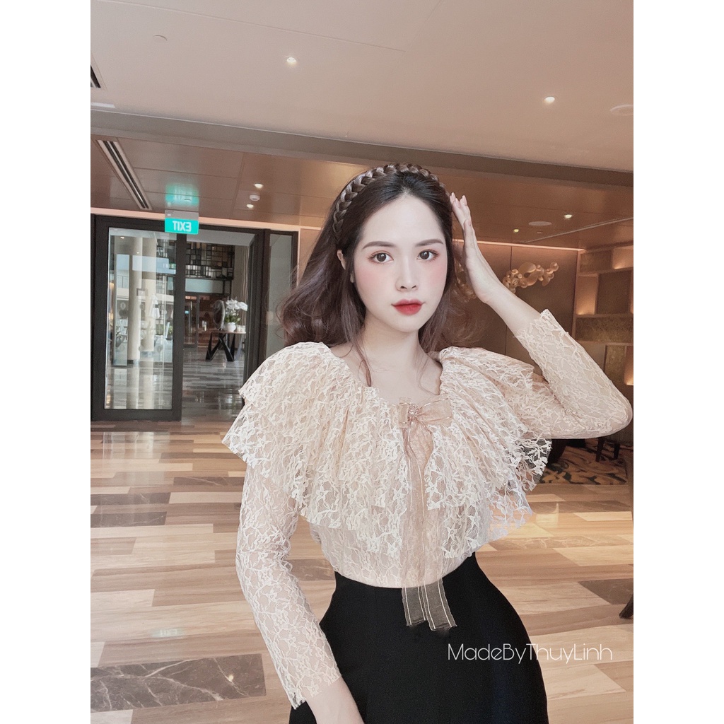 Áo ren cổ bèo 2 lớp , đính nơ lấp lánh MadebyThuyLinh