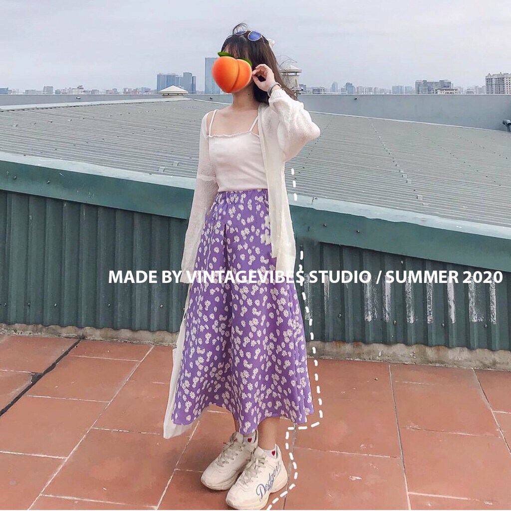 CHÂN VÁY MIDI HOA NHÍ VINTAGE ULZZANG STYLE - CHÂN VÁY HOA CÚC HỌA MI TÍM ĐEN XANH HOT | BigBuy360 - bigbuy360.vn