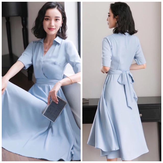 Đầm xanh biển cổ bẻ (kèm hình thật)