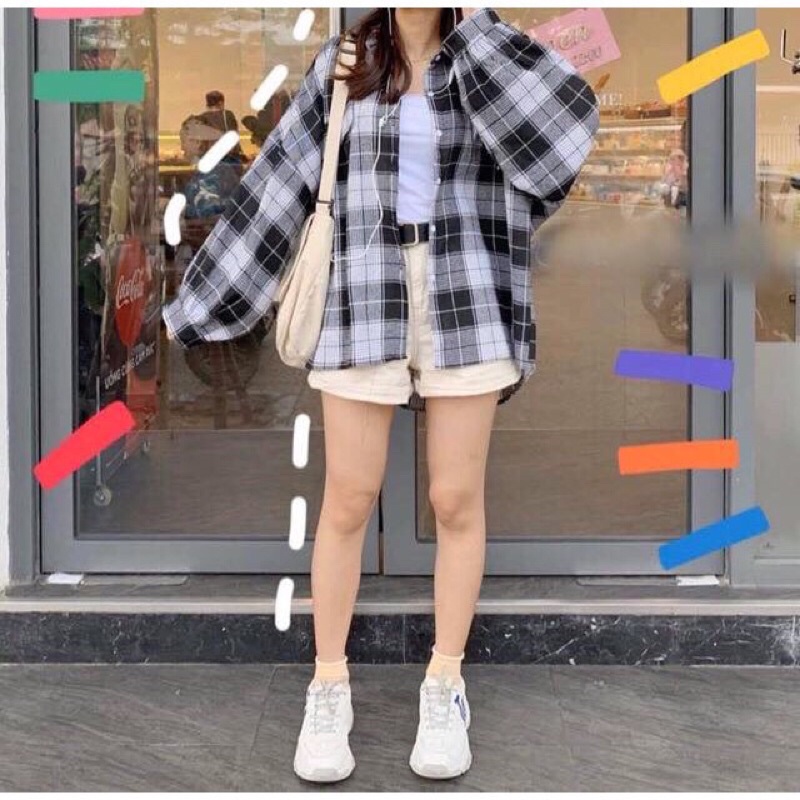 [Freeship] Áo Sơ Mi Dài Tay Nữ🦋 Sơ Mi Kẻ Tay Bồng KOREA Ulzzang Oversize Form Thụng Đẹp🦋