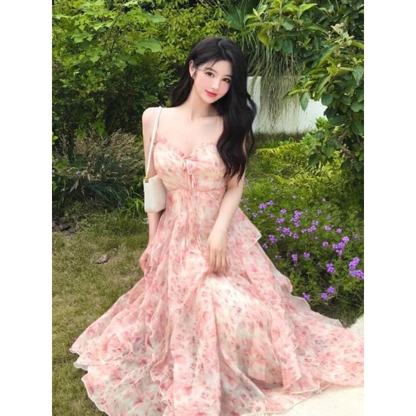Sẵn Sll Váy maxi 2 dây hoa phối bèo thướt tha cho nàng nữ tính