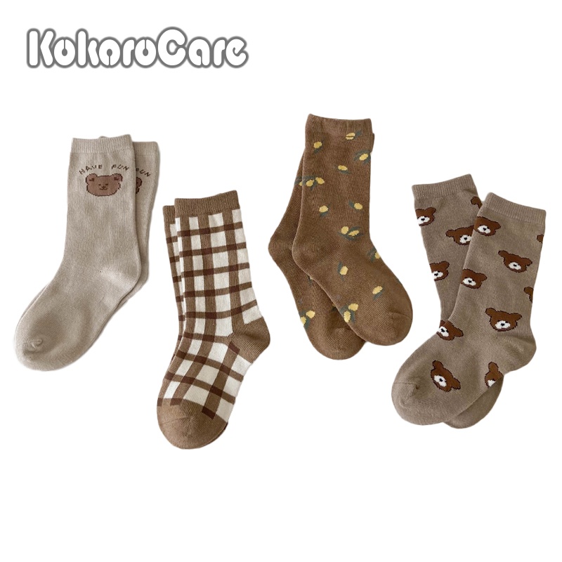 Set 4 đôi vớ KokoroCare MSW-37 cotton cổ cao vừa in hình gấu nâu năm 2022 cho bé gái 1-12 tuổi size S/ M/ L/ XL