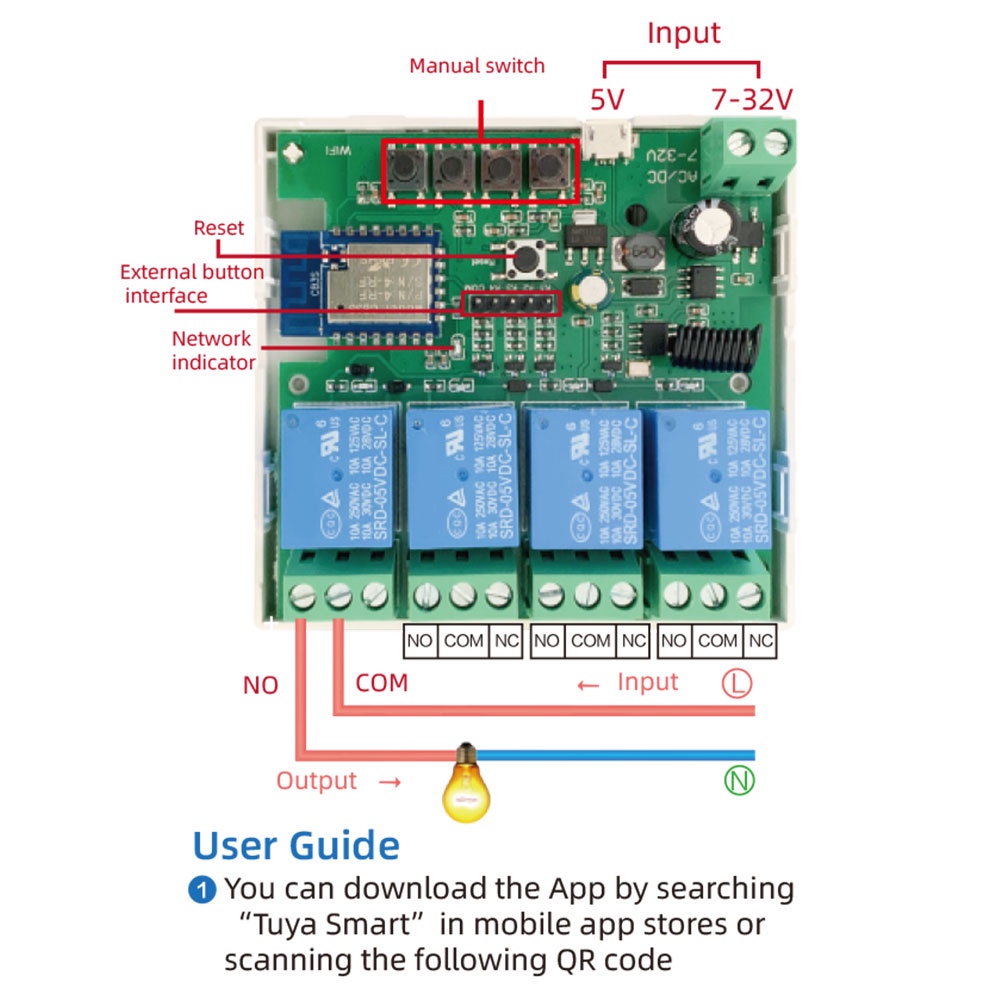 Mô đun điều khiển từ xa wifi PCBFUN chuyển tiếp 4 chiều Micro USB 5V/ DC7-32V tiện lợi