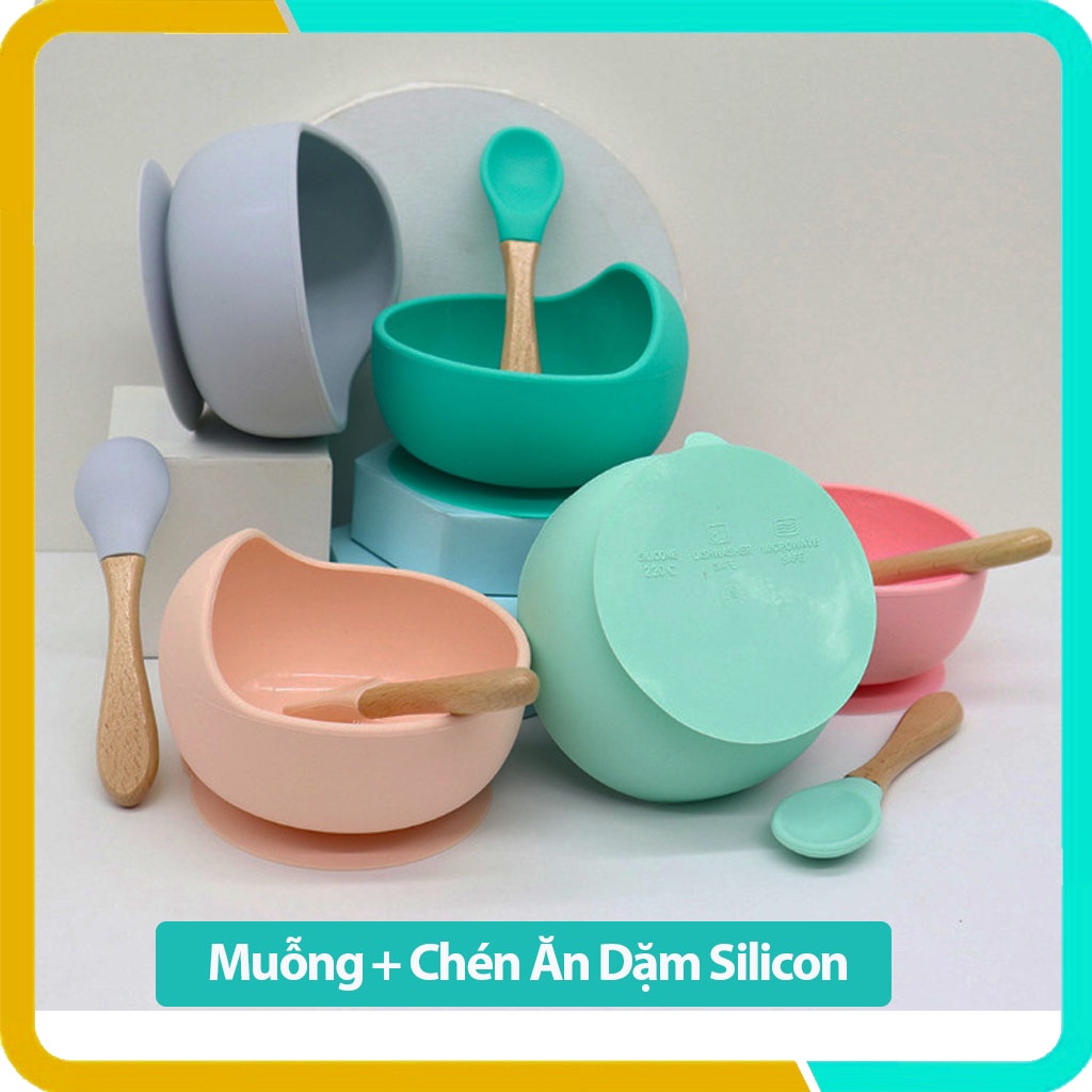 Chén Ăn Dặm Silicon Kèm Thìa Tay Cầm Gỗ - Đế Hít Chống Đỗ- Chất Liệu An Toàn Cho Bé- Ăn Dặm Chỉ Huy Kiểu Nhật