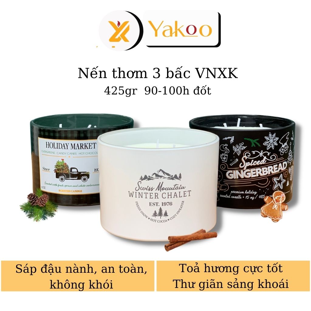 Nến thơm phòng 3 bấc Yakoo Candle hàng VNXK, 425gr sáp, toả hương tốt, thư giãn như ở spa, an toàn, khử mùi phòng