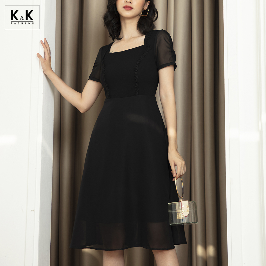 Đầm Voan Xòe Cổ Vuông Tay Ngắn K&K Fashion KK105-32 Màu Đen