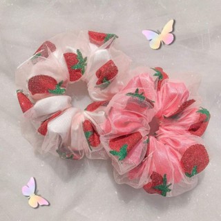 🍓 Dây buộc tóc scrunchies voan lưới hình dâu tây Kim tuyến 2 lớp
