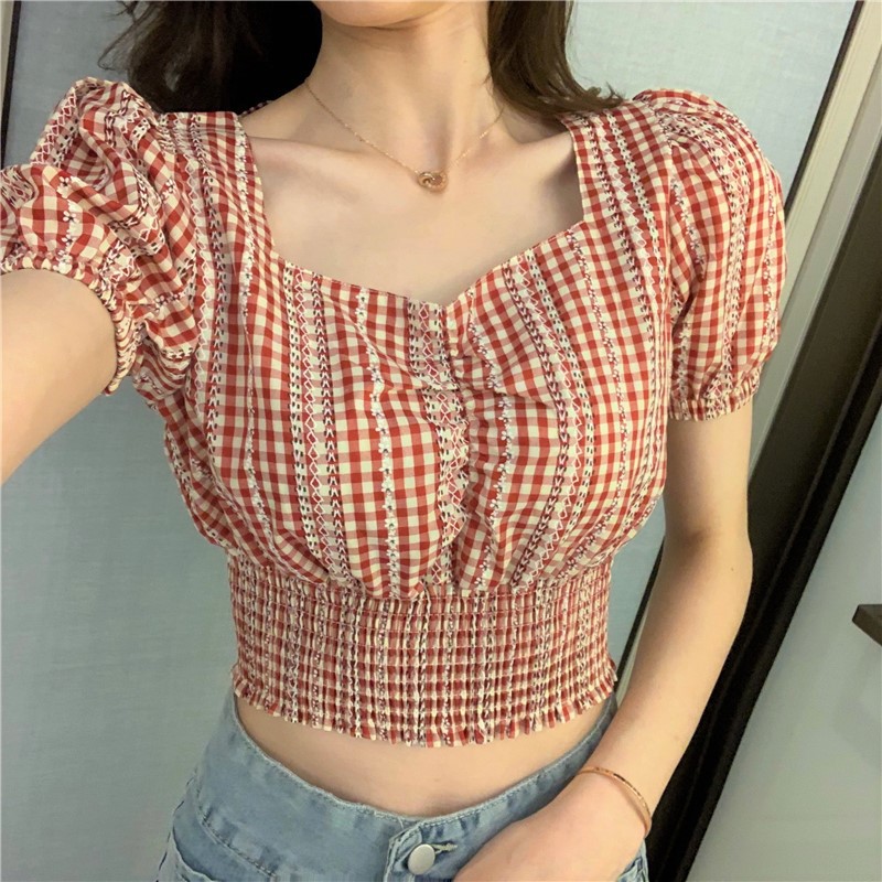 Áo caro đỏ viền hoa DA315