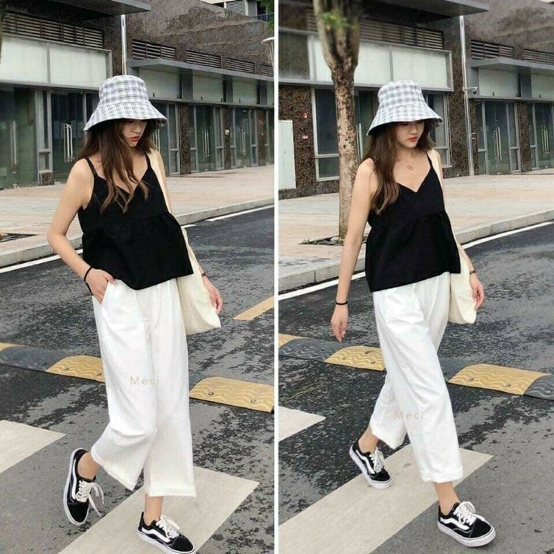 Quần Culottes đũi dáng xuông ống rộng lửng bigsize  9 tấc nữ- Màu Đen Trắng - Vải đũi xước mềm mặc công sở đi biển ở nhà