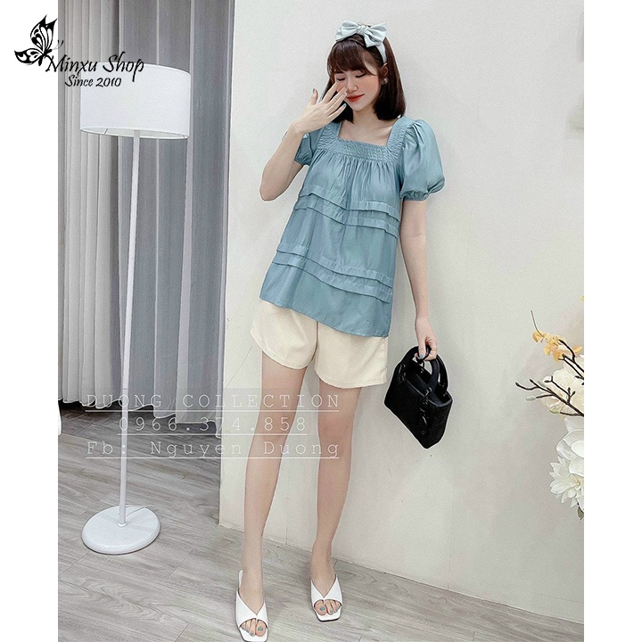 Set bộ nữ áo kiểu babydoll cổ vuông tay bồng phối quần short, thời trang nữ dự tiệc, dạo phố Minxu Shop SE07