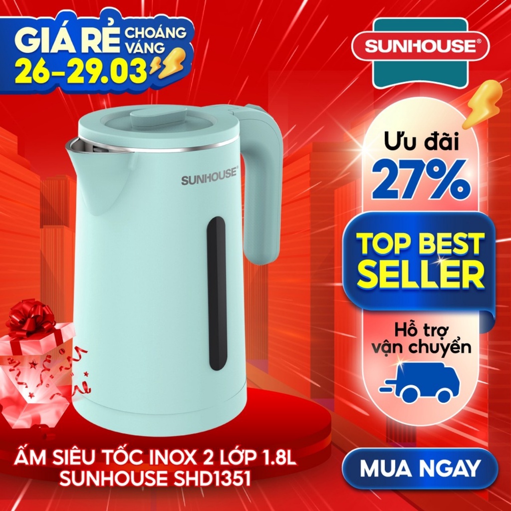 [Mã ELHADEV giảm 4% đơn 300K] ẤM SIÊU TỐC. BÌNH ĐUN SIÊU TỐC CAO CẤP INOX 2 LỚP 1.8L SUNHOUSE SHD1351 BH 12 THÁNG