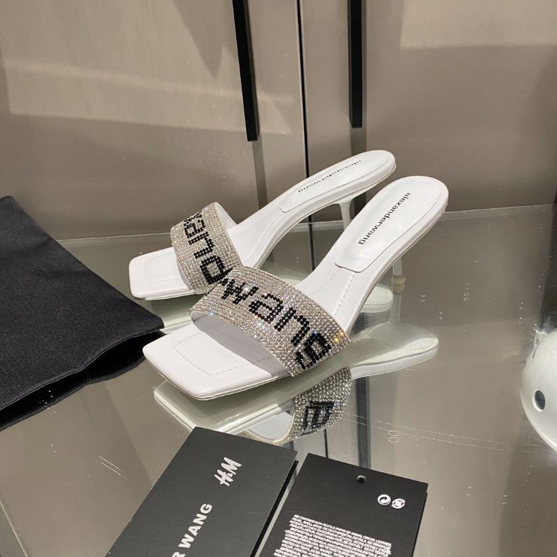Guốc thời trang nữ mũi vuông quai ngang đính đá chữ Wang Alexander Wang AW gót 5cm