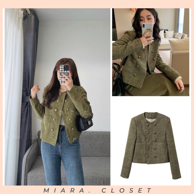 Áo Dạ Tweed xanh rêu cúc đồng ,áo 2lớp form đứng siêu sang