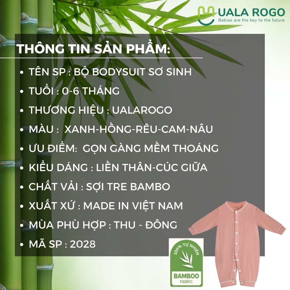Bodysuit cho bé Ualarogo 0-6 tháng vải sợi Tre Bamboo mềm mịn liền thân cúc giữa gọn gàng 2028