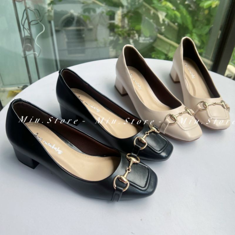 Giày cao gót nữ mũi vuông da lì nơ khoá vàng VNXK, giày boot nữ công sở gót 3p lót mút êm chân dễ phối đồ nữ