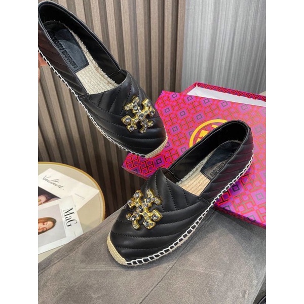 Giày lười đế cói thương hiệu Tory Burch da thật cao cấp