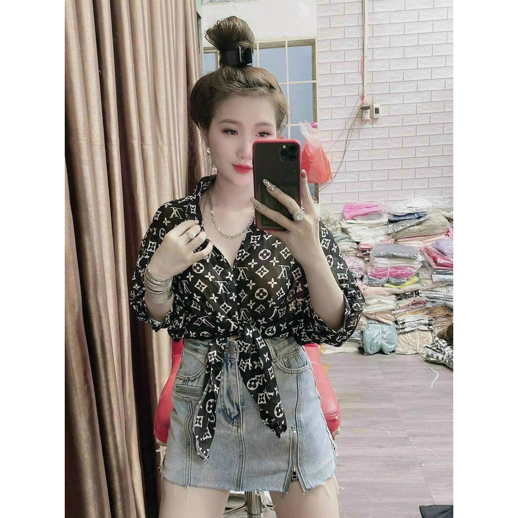 áo sơ mi buộc nơ trước xinh ảnh thật chất mềm