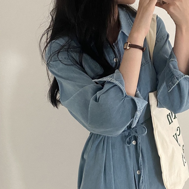 Áo Sơ Mi Denim Dài Tay Thắt Dây Dáng Rộng Phong Cách Retro Mùa Thu Hàng Mới Dành Cho Bạn Nữ 54653