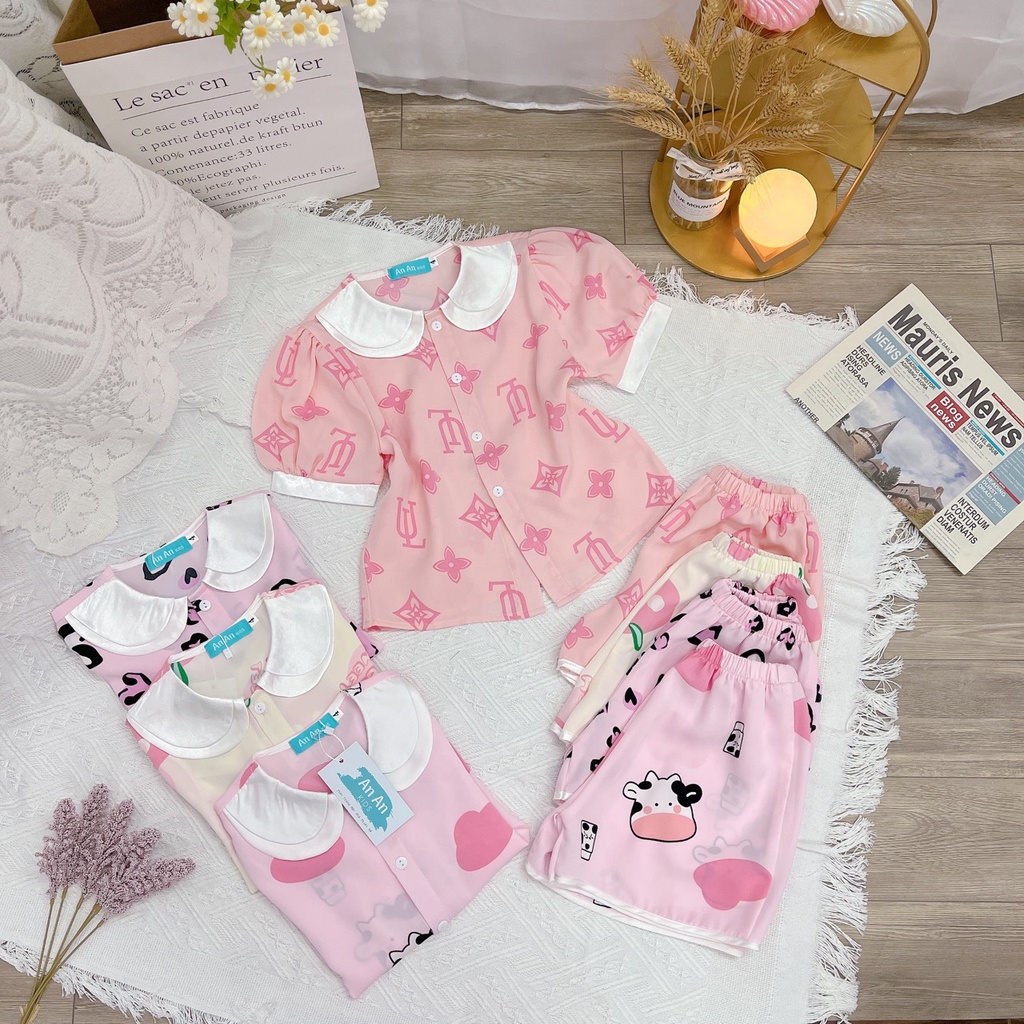 Bộ Mặc Nhà Cộc Tay Lụa Mango Cao Cấp Cho Bé Gái - Bộ Đồ Ngủ Pijama Bé Gái